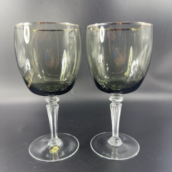 Sasaki Glass Platinum Rim Smokey Green Black Goblet Glasses Cups 7inch Set 2 VTG - Picture 8 of 11